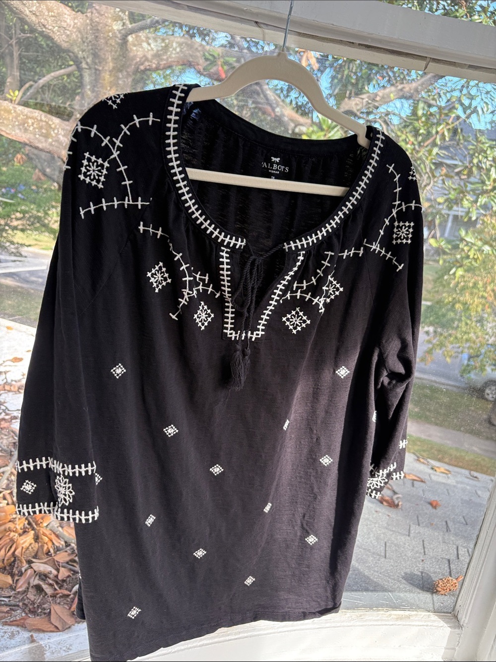 Talbots Black Tunic with White Embroidery